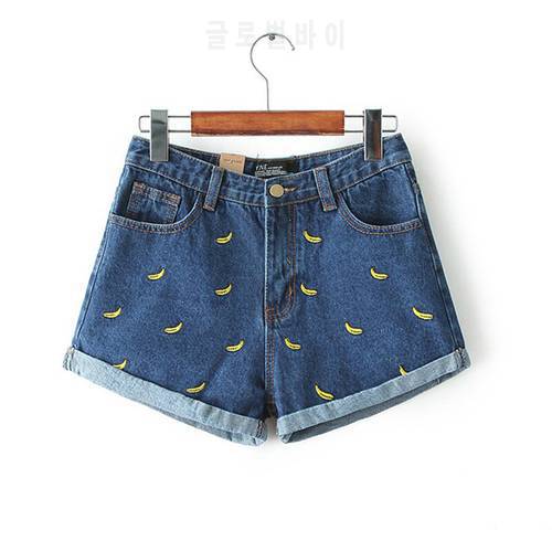 Denim Shorts Women 2022 Summer Banana Flower Blue Denim Shorts Cotton Zipper Female Waist Jeans pantalones cortos de mujer