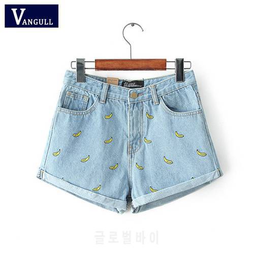 Korean version Summer Women&39s Clothing Banana Flower Embroidery Denim Shorts Cotton loose type Casual female High Waist Shorts
