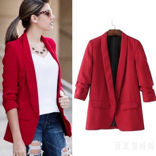 Queechalle 2021 Spring Autumn Red Jacket Blazer Women Folded Sleeve Notched Office Lady Suit Coat Female Solid Casual Outerwear
