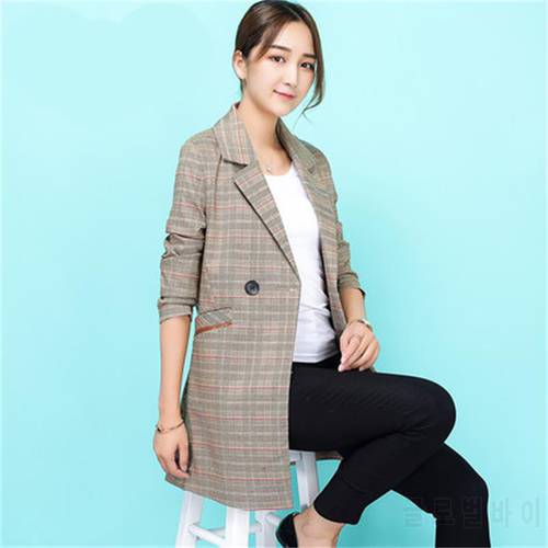 Fashion plaid small suit jacket female spring and autumn new slim slimming long sleeve temperament long section Women Blazers