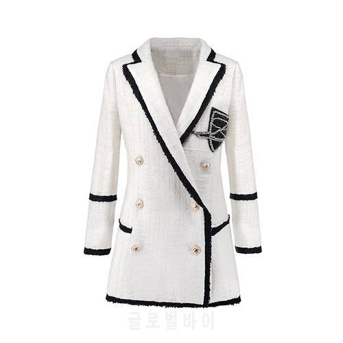 Women High Street Long Jackets Runway Beading Double Breasted Solid Color White Slim Chic Blazers High Quality