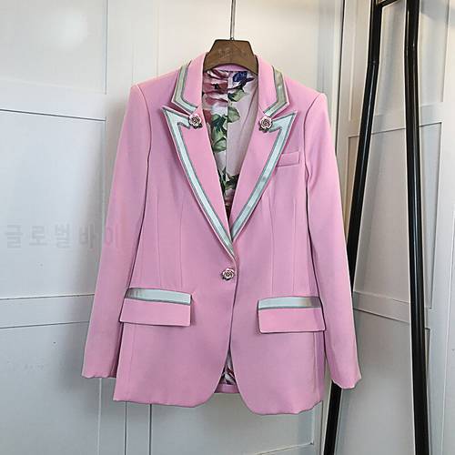 HIGH QUALITY New Fashion 2022 Star Style Blazer Women&39s Single Button Floral Liner Rose Blazer Outer Coat Pink