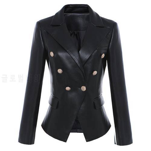 Fall winter women&39s blazer leather jacket coat lion metal buttons streetwear fashion PU slim suits overcoat plus size