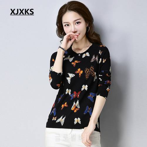 XJXKS Cashmere sweater pullover round neck jumpers loose 2021 spring and autumn new women sweater high-end printing ladies tops