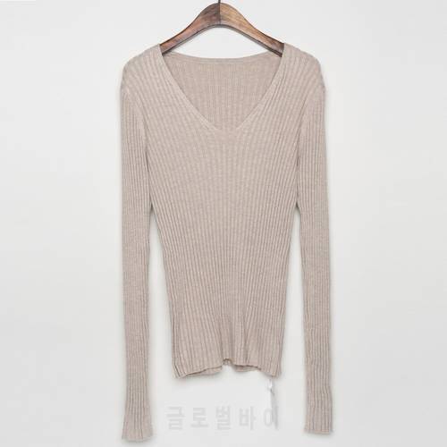 Women Ribbed V Neck Sweater Pullovers Basic Cotton Knitted Tops Slim Fit With Thumb Hole
