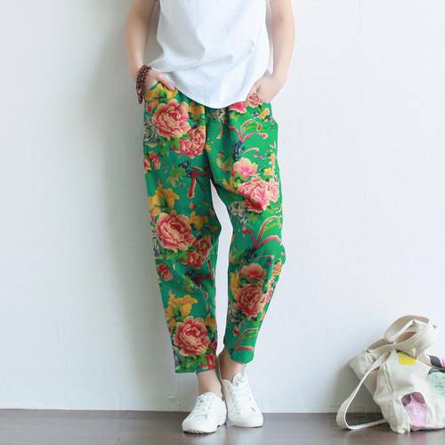 Women New Summer Harem Pants Floral Print Casual Chinese 2019 National Cotton Linen Bottoms peony print Elastic Mid-waist Capris