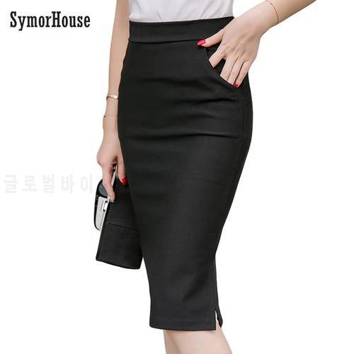 Elegant High Waist Pencil Skirts Women Bodycon Open Slit Ladies Office Skirt Casual Ol Slim Knee Length Pockets Skirt
