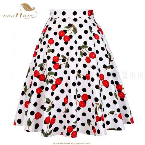 SISHION Cherry Print Floral Polka Dot Skirt White Cotton High Waist Swing Rockabilly Vintage Skirts Summer Midi Skirt