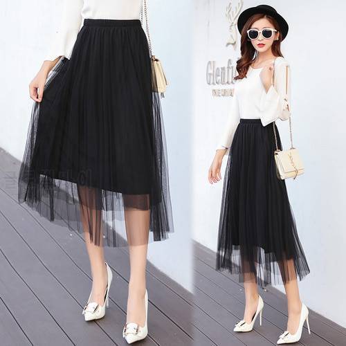 TingYiLi Long Tulle Skirt Autumn Korean Women Skirt Black White Gray Adult Tulle Skirt