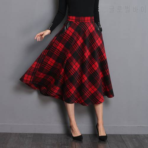 Neophil England Style Red Plaid High Waist Long Skirts Woolen XXL A-Line 2022 Winter Women Pockets Chic Maxi Tartan Skirts S1735