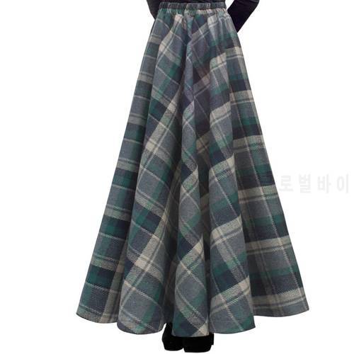TIYIHAILEY Free Shipping New Long Maxi Thick A-line Skirts For Women Elastic Waist Winter Plaid Woolen Skirts Warm With Pocket