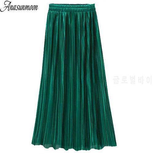 Anasunmoon Pleated Skirts Fashion Green color High Waist Black Midi Skirt Elasticity Summer Autumn Vintage Party Ladies Clothing
