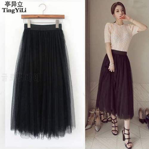 TingYiLi Long Tulle Skirt Korean Style Princess Long Skirt Autumn Winter Black White Tulle Skirts Women Fashion Faldas
