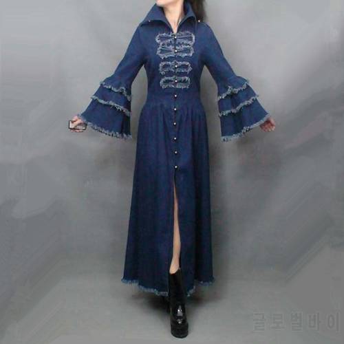 Free Shipping Fashion Long Maxi Trench Dress For Women Vintage Denim Outerwear Tassels Flare Sleeve Plus Size Royal Coat S-XL