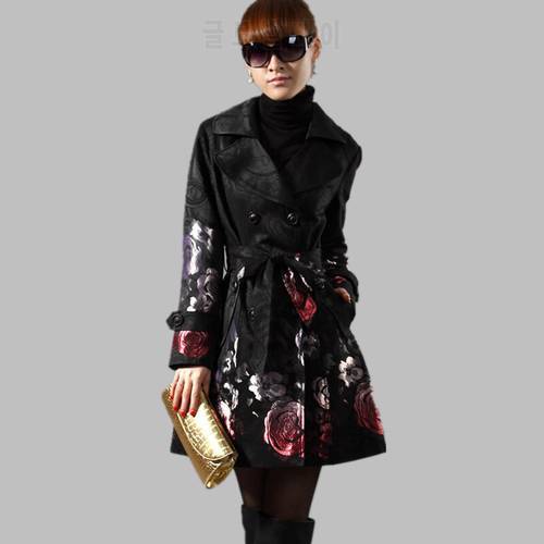 2023 Spring Autumn Floral Long Trench Coats Women Clothing Outerwear Rose Jacquard Double Breasted Slim Windbreaker Female C254