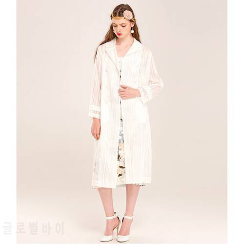 Plus Size Women Autumn Coats Organza Jacquard Double Breasted Notched Collar Long Sleeve Sash Belt White Trench Coat Outerwear