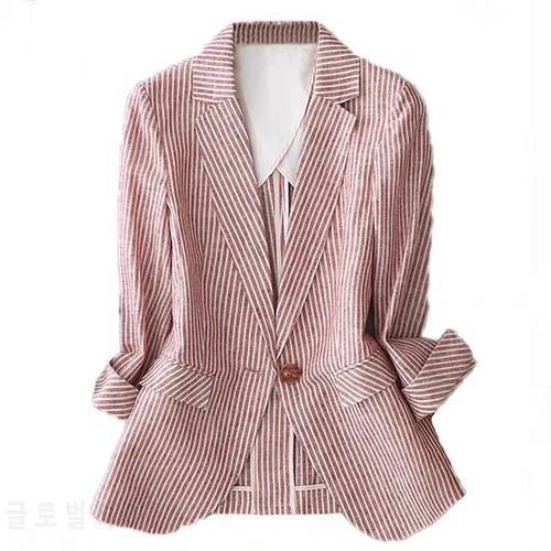 Linen suit female thin 2022 summer new striped long sleeveone button slim cotton casual jacket