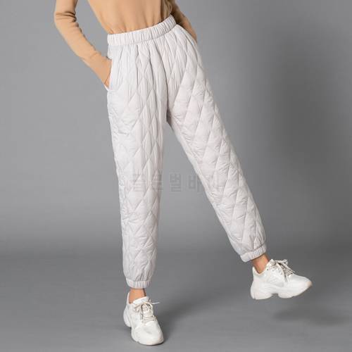 2021 Winter Down Pants Women Light Warm Solid Straight Trousers Casual Mom Cotton Harem Pants Female Elastic Waist P9590
