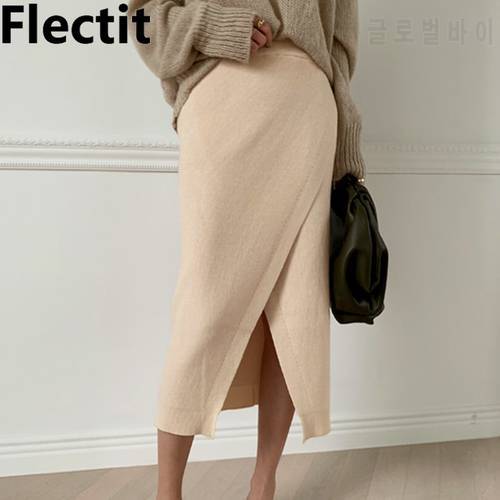 Flectit Womens Wrap Skirt Front Split With Buckle Tie High Waist Midi Pencil Skirt Womens Office Wear *
