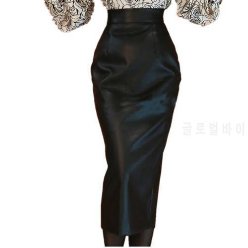 new autumn ol PU Leather Skirt Women High Waist Elegant Office Lady Package Hip Slim pencil skirt