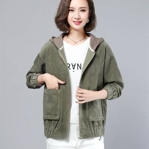 2020 Autumn New Women Jackets Corduroy Coat Streetwear Hooded Causal Windbreaker Female Zippers Jacket Outerwear Plus Size P689