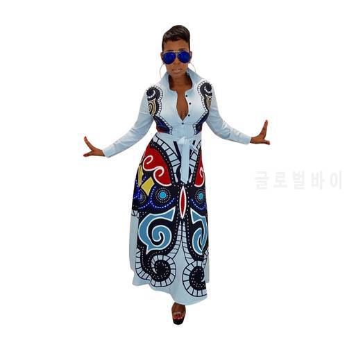 CM.YAYA S-XXXL Women 3D Butterfly Printed Long Sleeve Turn-down Neck High Waist Fit Flare Long Maxi Shirt Smock Dress Vestidos