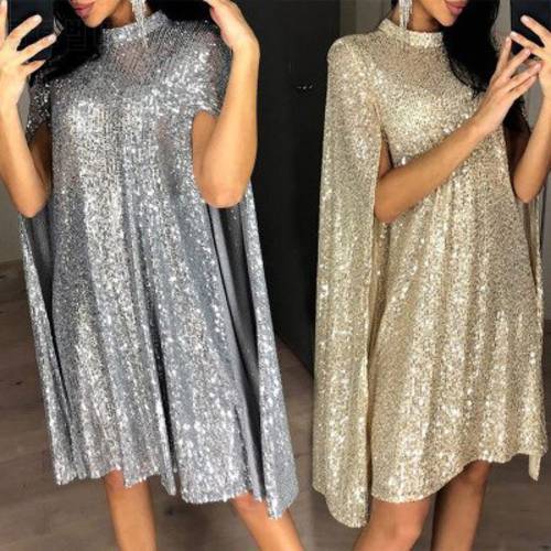 Gold Sequins Knee Length Cocktail Dresses With Long Split Sleeves Silver Fashion Party High Collar Homecoming Gown YSAN475