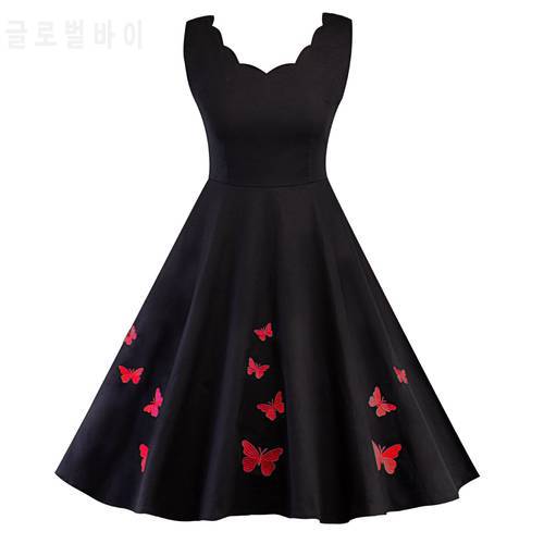 Elegant Women Butterfly Embroidered Sleeveless Black Cocktail Dress Knee Length V Neck A-Line Party Dress Robes De Cocktail