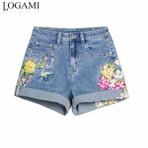 LOGAMI Bird Flower Embroidery Denim Shorts Women&39S Casual Summer Jean Shorts New Arrival