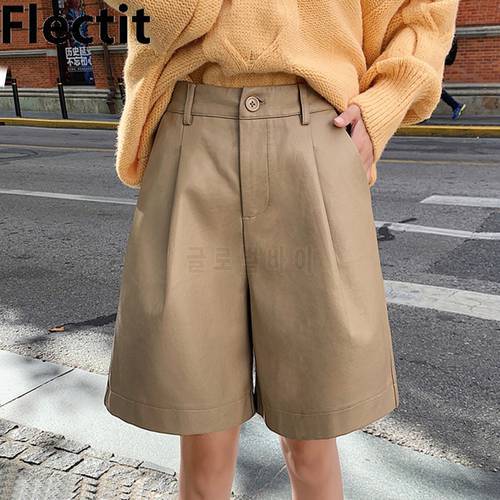 Flectit Chic Womens Leather Bermuda Shorts With Pocket Wide Leg High Waist Tailored Suit Shorts Fall Winter Plus Size S- 4XL *