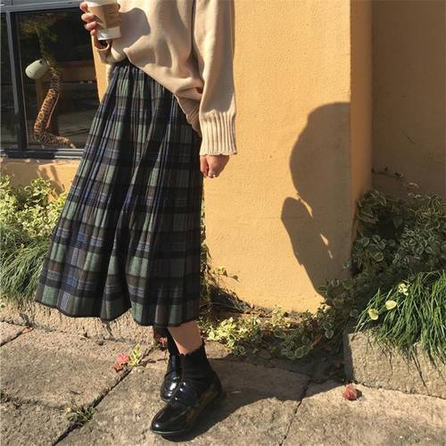 Vintage Wool Pleated Plaid Skirt Women High Waist Plus Size Long Skirt 2022 Autumn Winter Harajuku Female Party Skirt Streetwear