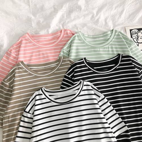 Harajuku Short Sleeve Korean O-Neck Casual Fashion Shirt Camiseta Feminina Tops T Shirt Women Solid Color Striped Punk T-shirt