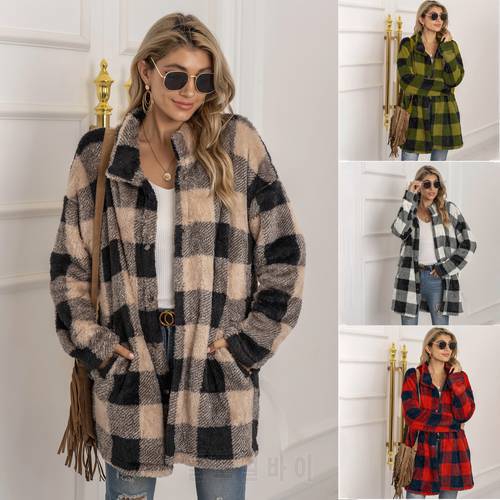 Women’s Winter Casual Plush Long Sleeve Coat Fashion Color Contrast Plaid Single-breasted Jacket Mid-length Vintage Overcoat