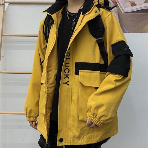 Harajuku Winter Korean Cargo Jacket Women Men Vintage Causal Hooded Coat 2020 Letter Hit Color Safari Style Jackets 55759