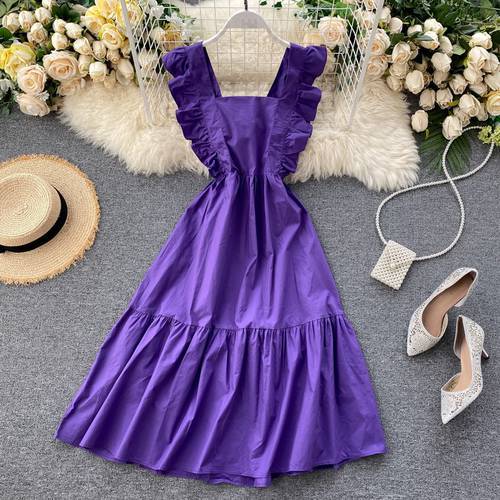 Romantic Women Dress Back Hollow Out Bow Bandage Dresses 2021 New Summer Sleeveless Ruffles Party Dress Clothing Purple