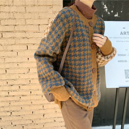 Autumn 2022 New Korean Style Loose Houndstooth Cardigan Warm Soft Sweater Coat Women Retro Color Matching Sweater Women