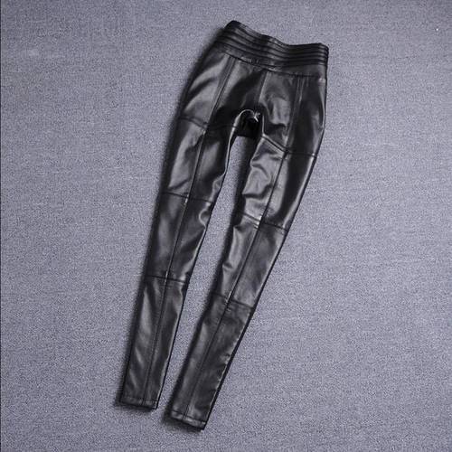 S-4XL Elastic waist pencil style real Sheep leather Pants female fashion brand full length Genuine leather pants F966