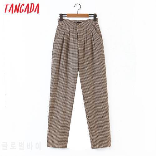 Tangada 2021 winter fashion women plaid pattern wool suit pants trousers pockets buttons casual pants pantalon DZ03