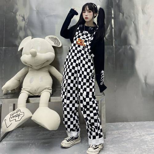 Harajuku Overalls Women Grunge Loose Pockets Trousers Black White Checkerboard Cow Print Strap Pants Streetwear Hip Hop Outfits