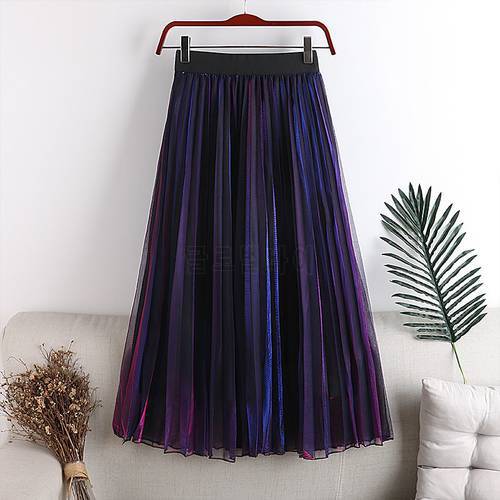 2023 New Summer Skirts Woman Mid-Calf Mixed Color Gradient Mesh Skirt A-Line Elegant Female Glitter Tulle Skirt Faldas Saias