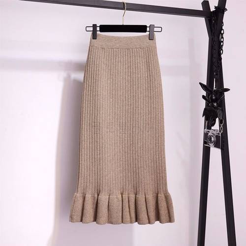Women Elastic Waist Drawstring Skirts Knitted Medium Long Skirts Spring and autumn Midi Skirt 2020 Casual Office Female Skirts