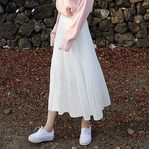 Women Vintage Pleated Midi Long Skirt Female Korean Casual High Waist Chiffon Skirts Summer Black White A-line skirt Jupe Faldas