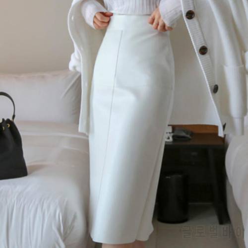 2020 spring autumn ol elegant pu pencil skirt women white high waist package hip step skirt