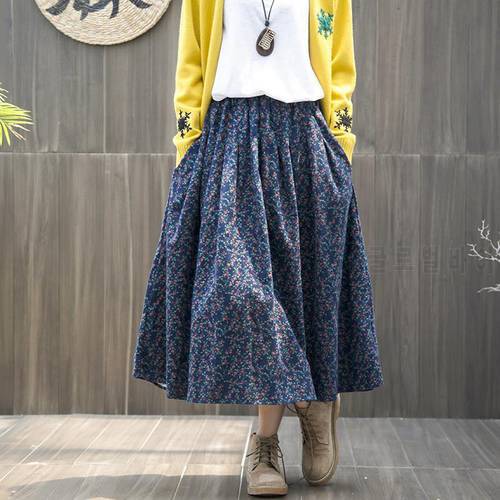 Spring Autumn Arts Style Elastic Waist Cotton Linen A-line Long Skirt Women Loose Casual Vintage Floral Skirt high quality S364