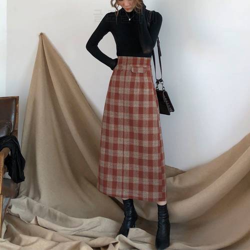 Plus Size High Waist Long Wool Plaid Skirt For Women Red Warm Wool Elegant Office Lady Vintage Skirt Autumn Winter Maxi Skirts
