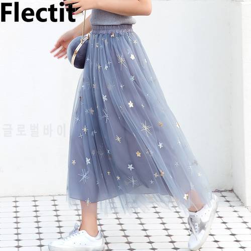 Flectit Women Glitter Sequined Stars Tulle Skirt Women Sheer Mesh Midi Length Tutu Skirt Ladies Skirts