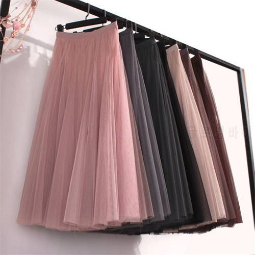 Plus Size High Waist Tulle Skirts Womens Long Pleated Skirt Black Pink Elegant Maxi Skirt Female Spring Summer Korean Mesh Skirt