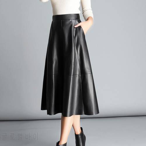 High Quality Leather Skirt Women Soft Mixed Sheepskin High Waist Black A Line 2022 Autumn Winter Office Lady Long Skirt Female
