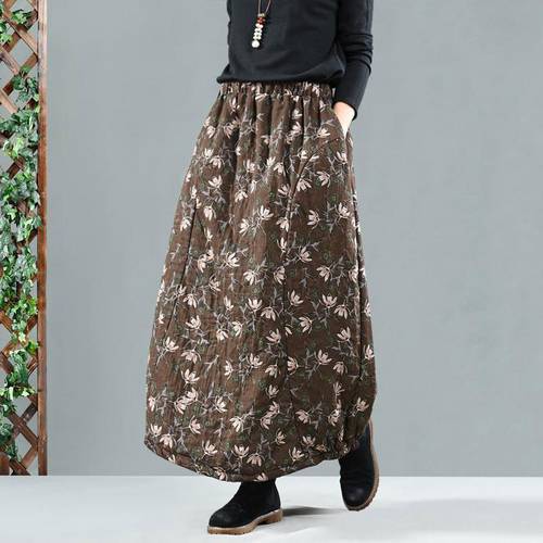 Autumn Winter New Arts Style Women Elastic Waist Thicken Warm Loose Long Skirt Vintage Print Cotton Casual A-line Skirts M267