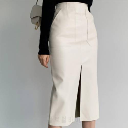Spring autumn Women PU Leather ol Skirts High Waist Package Hip Skirt Front Split Zipper Midi Pencil Skirts